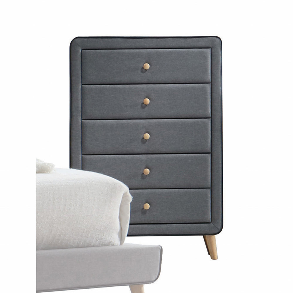 Homeroots 46" Light Gray Upholstery 5 Drawer Chest Dresser With Light Natural Legs  Solid Wood 286556