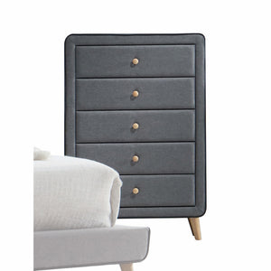 Homeroots 46" Light Gray Upholstery 5 Drawer Chest Dresser With Light Natural Legs  Solid Wood 286556