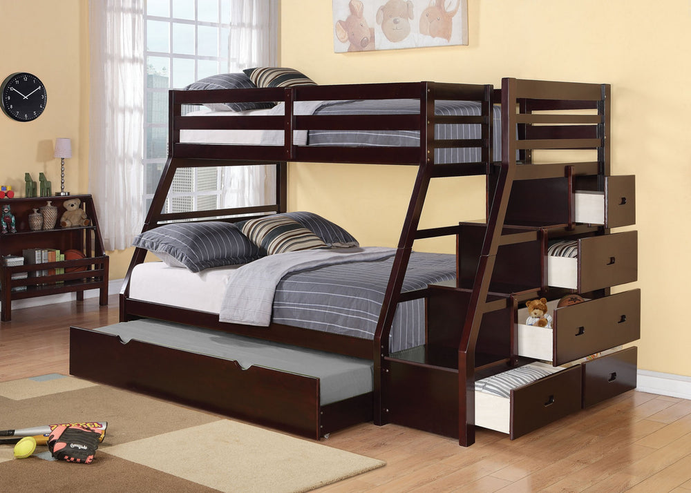 Homeroots 98" X 56" X 65" Espresso Pine Wood Bunk Bed (Twin/Full) With Trundle  Wood 286561