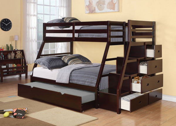 Homeroots 98" X 56" X 65" Espresso Pine Wood Bunk Bed (Twin/Full) With Trundle  Wood 286561