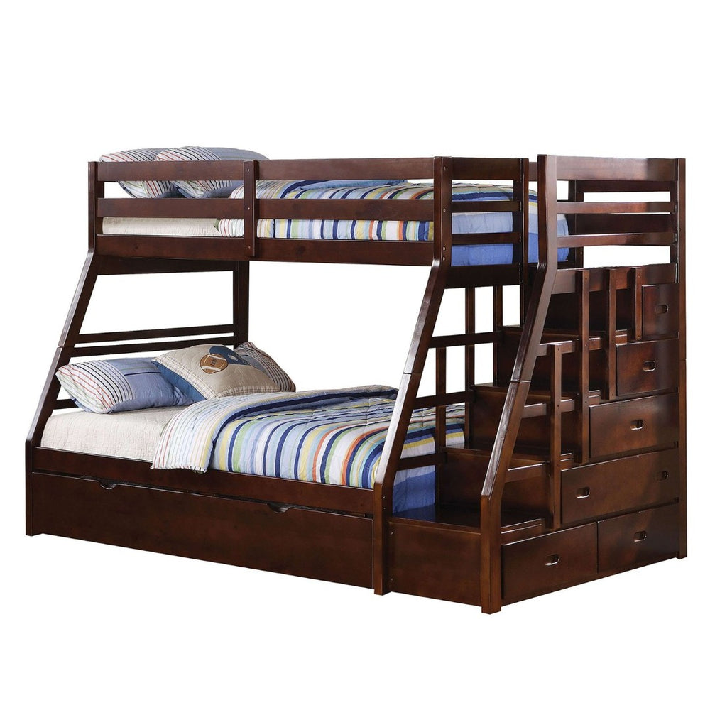 HomeRoots Espresso Twin-Over-Full Bunk Bed with Trundle & Storage - Stylish Solid Wood Design for Kids' Rooms 286561
