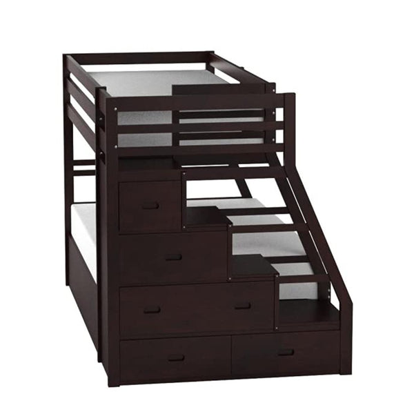 HomeRoots Espresso Twin-Over-Full Bunk Bed with Trundle & Storage - Stylish Solid Wood Design for Kids' Rooms 286561