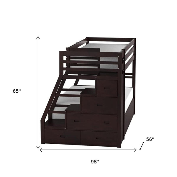 HomeRoots Espresso Twin-Over-Full Bunk Bed with Trundle & Storage - Stylish Solid Wood Design for Kids' Rooms 286561
