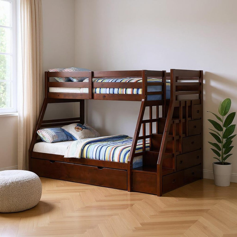 HomeRoots Espresso Twin-Over-Full Bunk Bed with Trundle & Storage - Stylish Solid Wood Design for Kids' Rooms 286561
