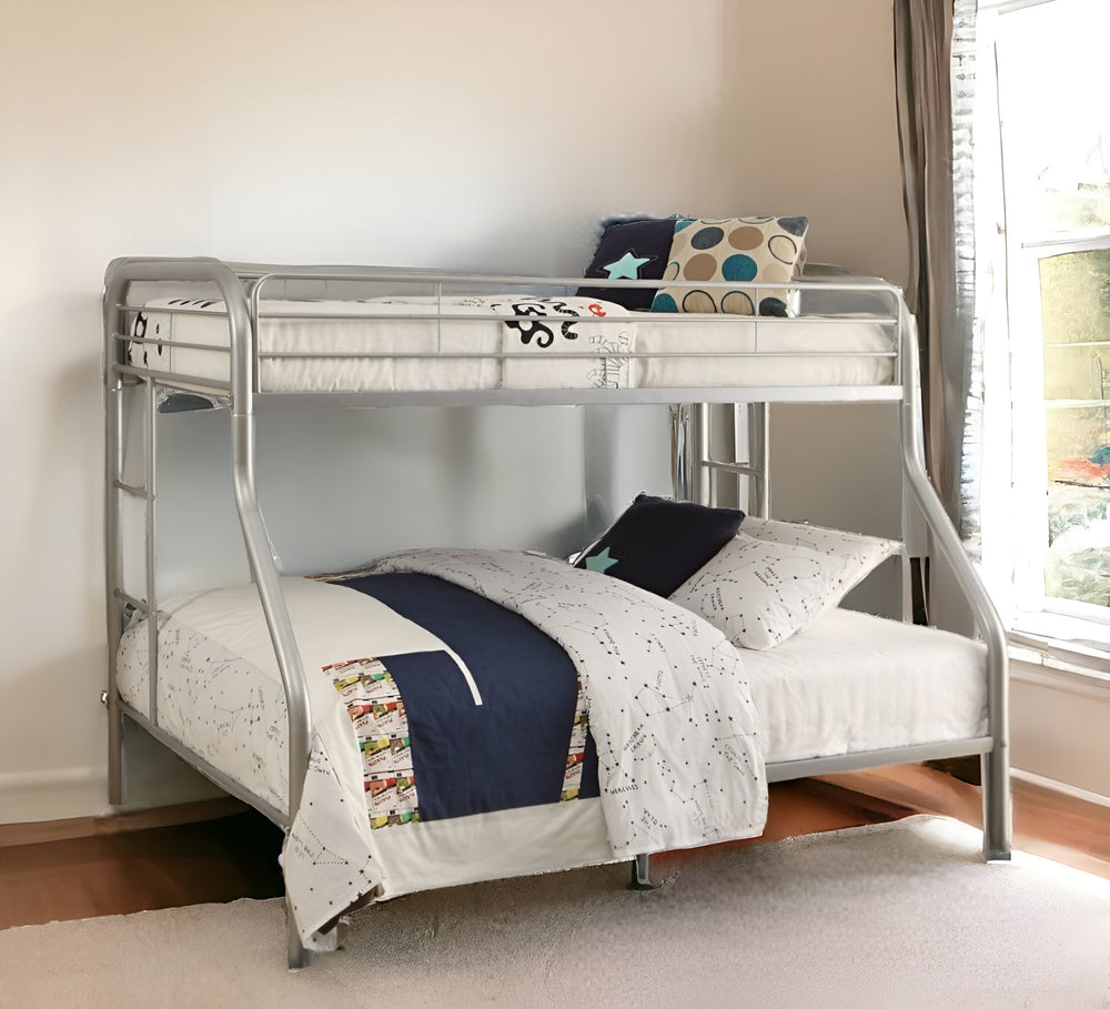 Homeroots 84" Twin Over Queen Metal Tube Bunk Bed - Sturdy, Stylish, And Space-saving Design For Kids' Rooms Silver Metal 286572