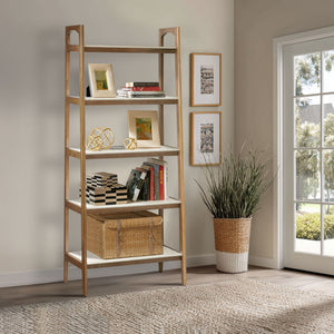JLA Home Madison Park - Shelf Parker Mid-Century Bookcase – Solid Wood Two-Tone 5-Shelf Display, Natural Frame & White Shelves MP131-1061