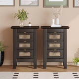 Hearth and Haven Wooden Nightstands Set Of 2 with Rattan-Woven Surfaces and Three Drawers, Exquisite Elegance with Natural Storage Solutions For Bedroom WF318538AAB