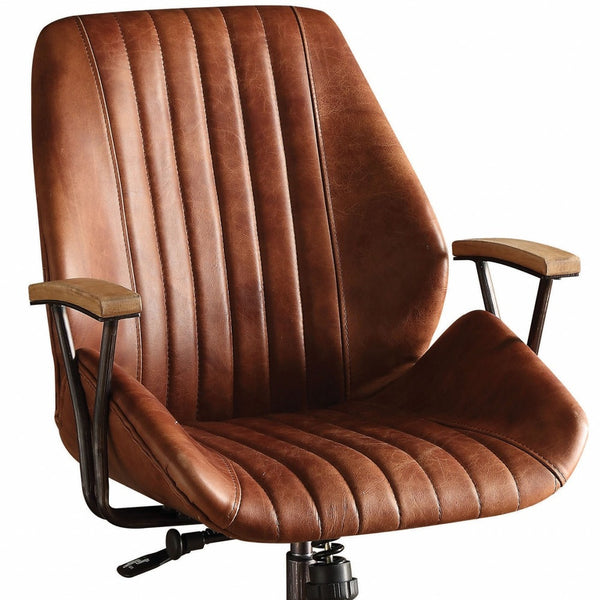 Homeroots Brown Adjustable Swivel Leather Rolling Executive Office Chair Cocoa Leather 286613