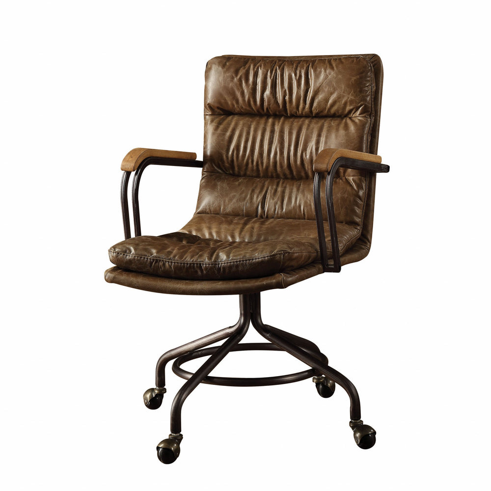 Homeroots Coffee And Dark Brown Swivel Leather Rolling Executive Office Chair Vintage Whiskey Leather 286616