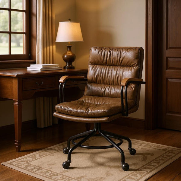 HomeRoots Coffee Leather Swivel Executive Chair - Elegant Dark Brown Design with Durable Comfort & Mobility Vintage Whiskey 286616