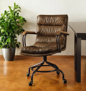 Homeroots Coffee And Dark Brown Swivel Leather Rolling Executive Office Chair Vintage Whiskey Leather 286616