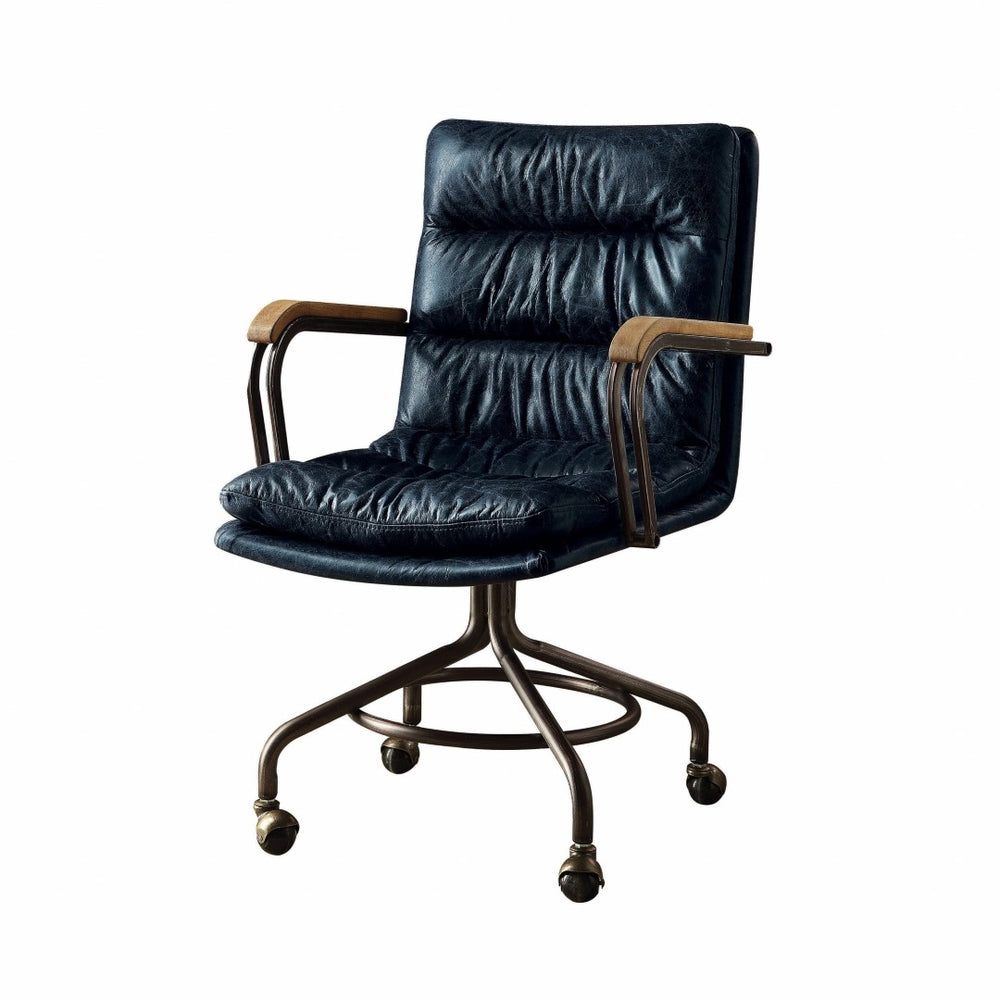 HomeRoots Coffee Leather Swivel Executive Chair - Elegant Dark Brown Design with Durable Comfort & Mobility Vintage Blue 286617