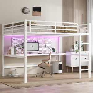 English Elm Metal Queen Loft Bed With Integrated Desk, Led Lights, Power Outlet – Stylish Space-Saver Solution W1580S00139