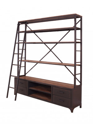 Homeroots 83" Sandy Gray Metal And Wood Four Tier Oversized Set Bookcase With Four Drawers   286624