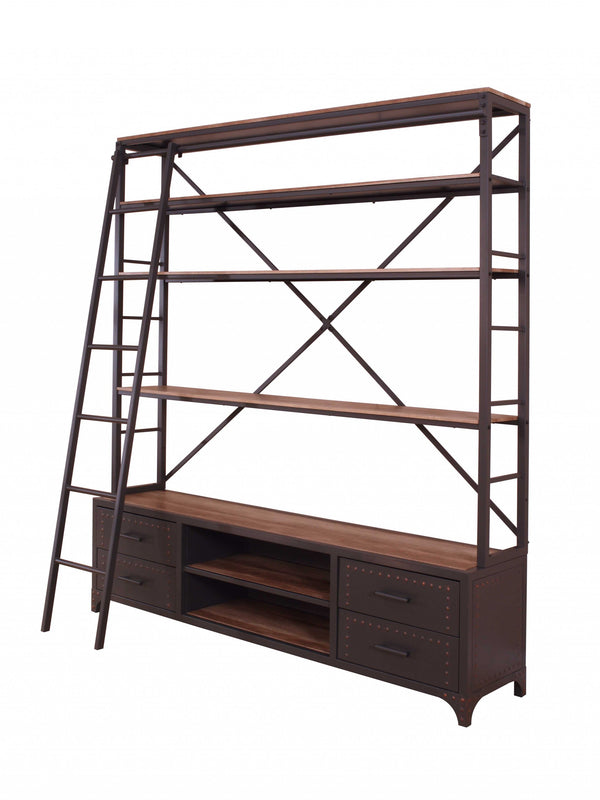 Homeroots 83" Sandy Gray Metal And Wood Four Tier Oversized Set Bookcase With Four Drawers   286624