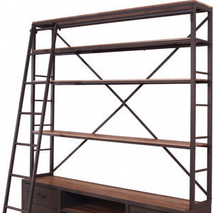 HomeRoots 83" Sandy Gray Metal and Wood Oversized Bookcase with Four Drawers – Stylish Storage & Display Solution 286624