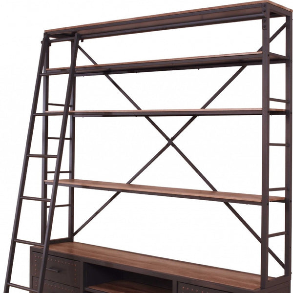 HomeRoots 83" Sandy Gray Metal and Wood Oversized Bookcase with Four Drawers – Stylish Storage & Display Solution 286624