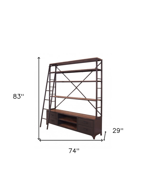 HomeRoots 83" Sandy Gray Metal and Wood Oversized Bookcase with Four Drawers – Stylish Storage & Display Solution 286624