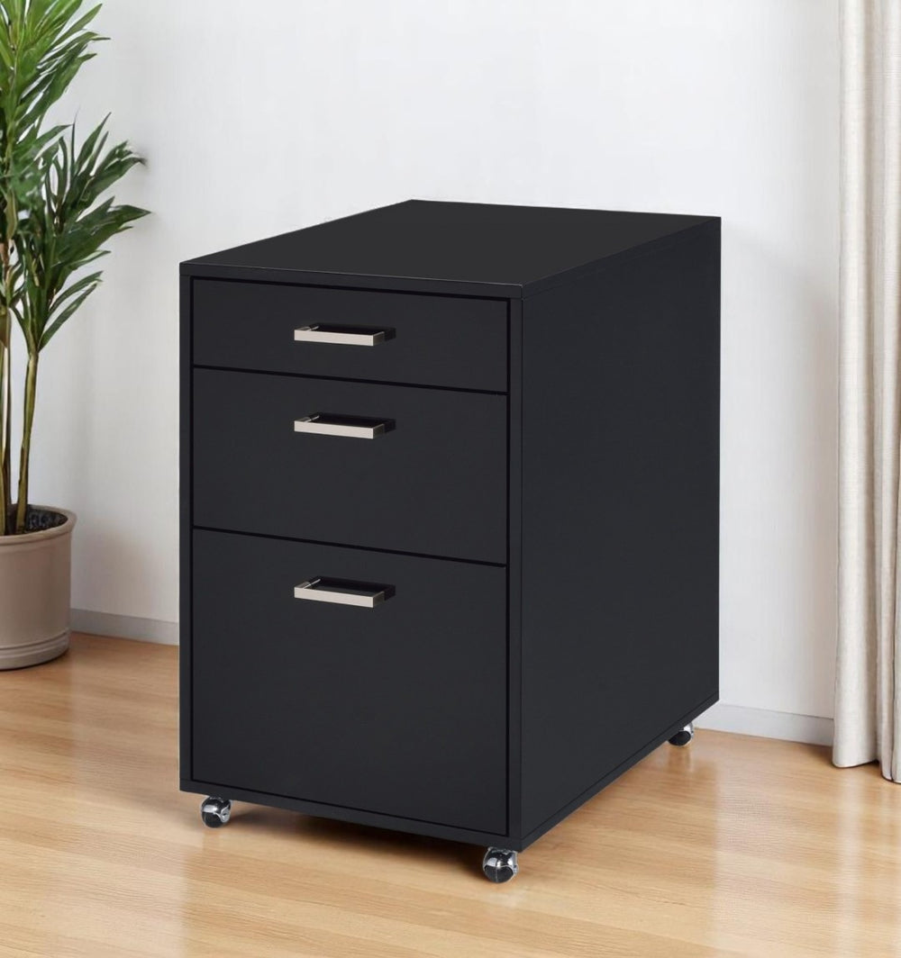 HomeRoots 28" Modern Black Wood and Metal Three-Drawer Filing Cabinet for Stylish Home or Office Organization 286625