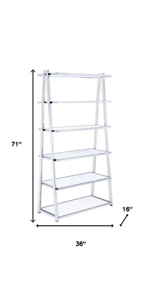 Homeroots 71" White And Silver Metal And Glass Five Tier Ladder Bookcase   286630
