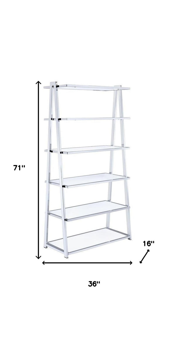 Homeroots 71" White And Silver Metal And Glass Five Tier Ladder Bookcase   286630