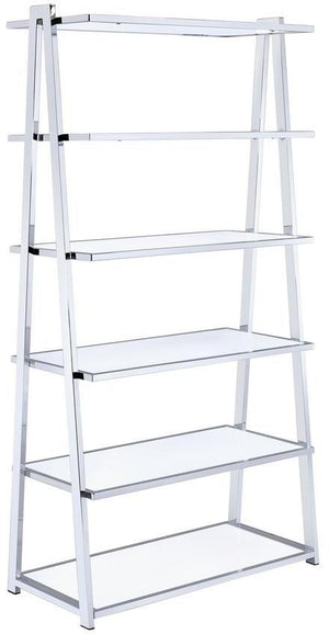 Homeroots 71" White And Silver Metal And Glass Five Tier Ladder Bookcase   286630