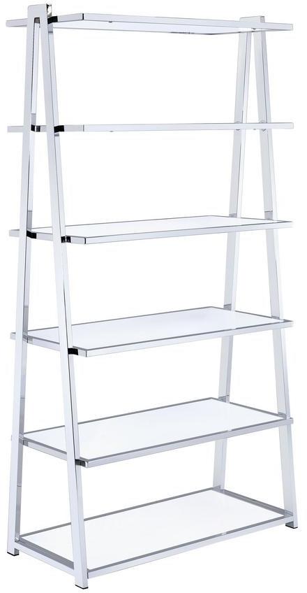 Homeroots 71" White And Silver Metal And Glass Five Tier Ladder Bookcase   286630