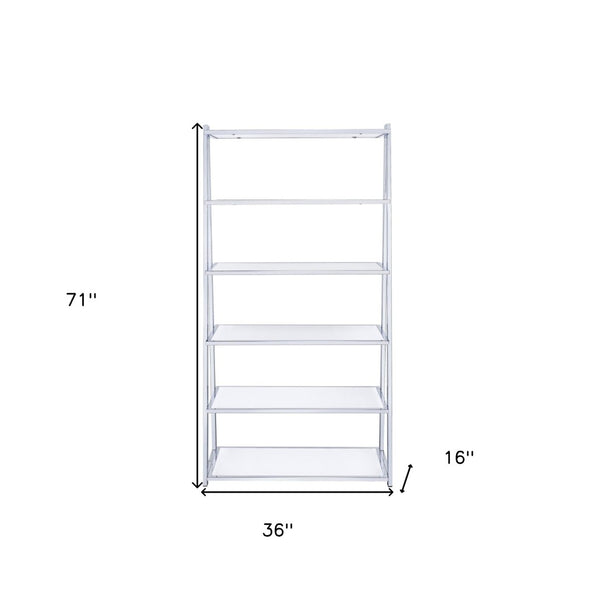 HomeRoots White Five-Tier Ladder Bookcase with Glass Shelves – Modern Metal Frame for Stylish Storage & Display 286630
