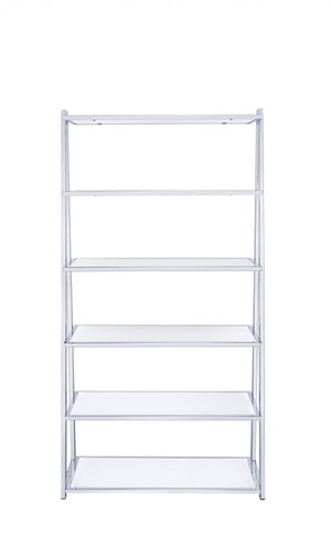 Homeroots 71" White And Silver Metal And Glass Five Tier Ladder Bookcase   286630