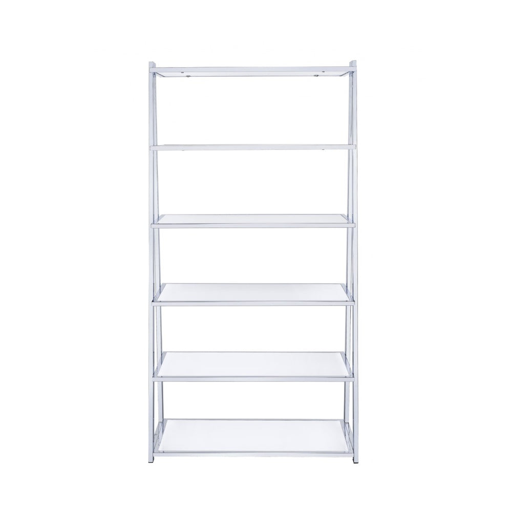 HomeRoots White Five-Tier Ladder Bookcase with Glass Shelves – Modern Metal Frame for Stylish Storage & Display 286630
