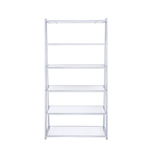 Homeroots 71" White And Silver Metal And Glass Five Tier Ladder Bookcase   286630