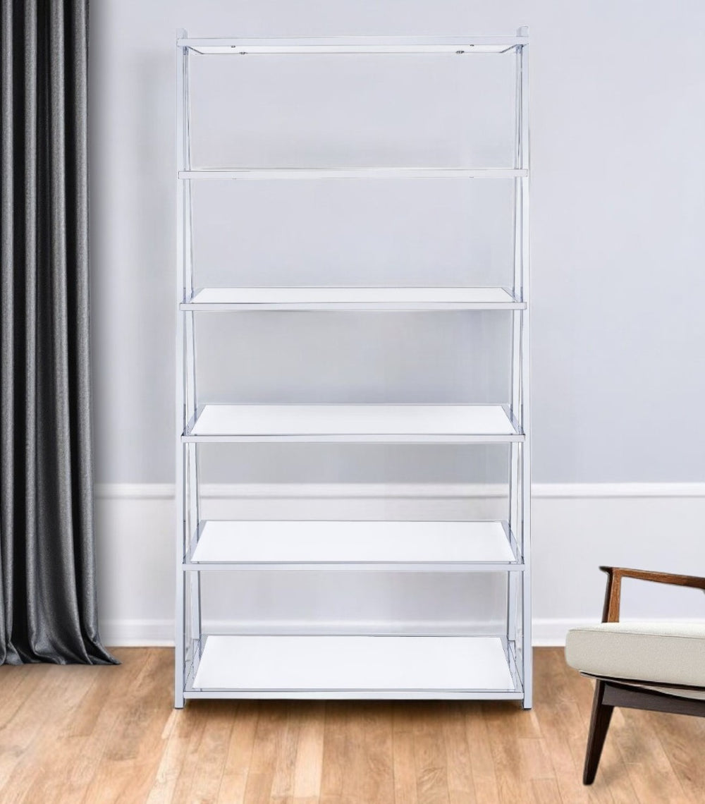HomeRoots White Five-Tier Ladder Bookcase with Glass Shelves – Modern Metal Frame for Stylish Storage & Display 286630