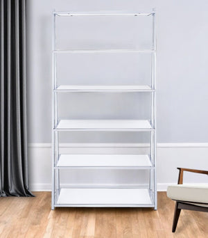 HomeRoots White Five-Tier Ladder Bookcase with Glass Shelves – Modern Metal Frame for Stylish Storage & Display 286630
