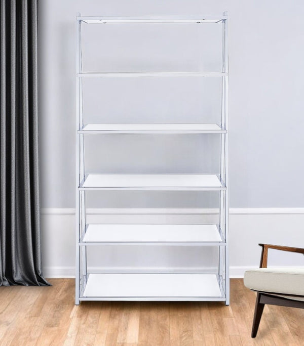 HomeRoots White Five-Tier Ladder Bookcase with Glass Shelves – Modern Metal Frame for Stylish Storage & Display 286630