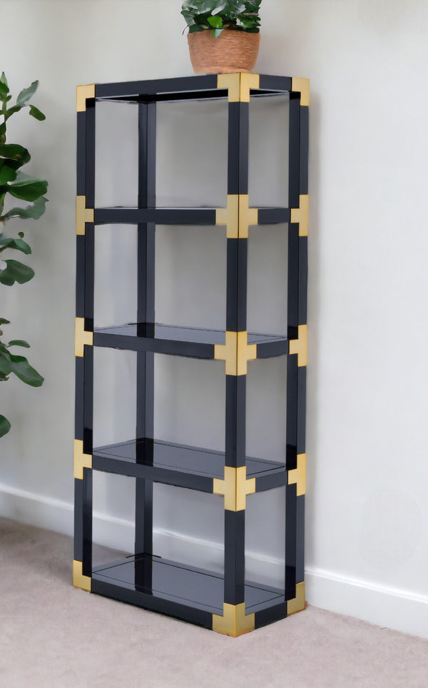 HomeRoots 77" Black Metal & Glass Etagere Bookcase - Stylish Four-Tier Shelf for Modern Storage & Display 286634