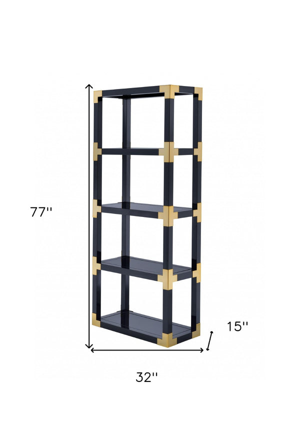 HomeRoots 77" Black Metal & Glass Etagere Bookcase - Stylish Four-Tier Shelf for Modern Storage & Display 286634