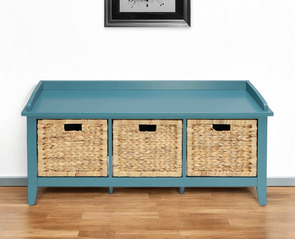 Homeroots 43" Teal Blue Solid Wood Storage Bench With Drawers Teal Solid Wood 286649