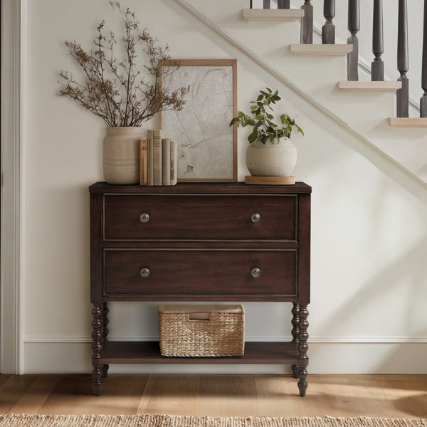 JLA Home Madison Park Signature - 2 Drawer Accent Chest in Dark Morocco Finish with Turned Legs, Smooth-Glide Drawers & Lower Shelf for Versatile Storage MPS130-0293