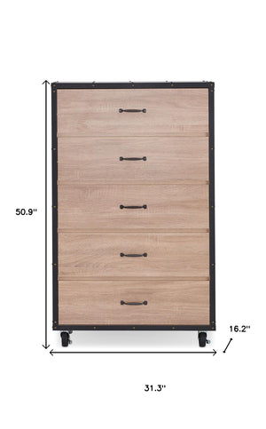 HomeRoots 31" Oak Wood Five Drawer Dresser - Modern Storage Solution with Warm Finish for Cozy Bedrooms 286658