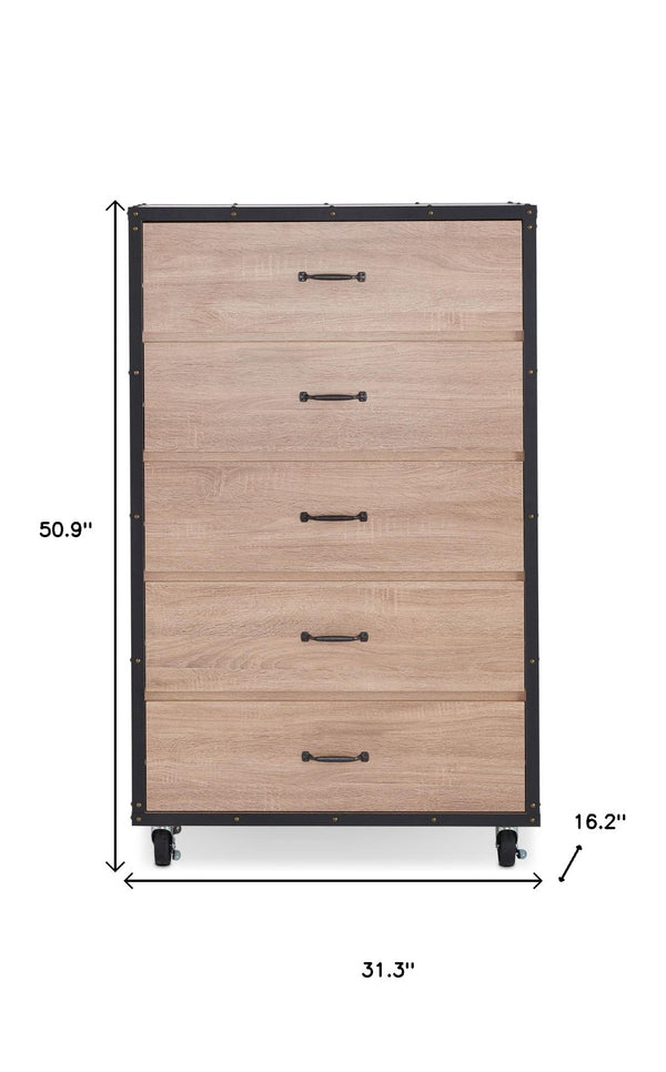 HomeRoots 31" Oak Wood Five Drawer Dresser - Modern Storage Solution with Warm Finish for Cozy Bedrooms 286658