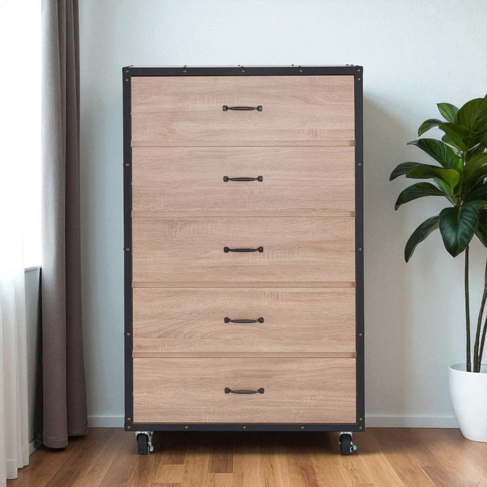 HomeRoots 31" Oak Wood Five Drawer Dresser - Modern Storage Solution with Warm Finish for Cozy Bedrooms 286658