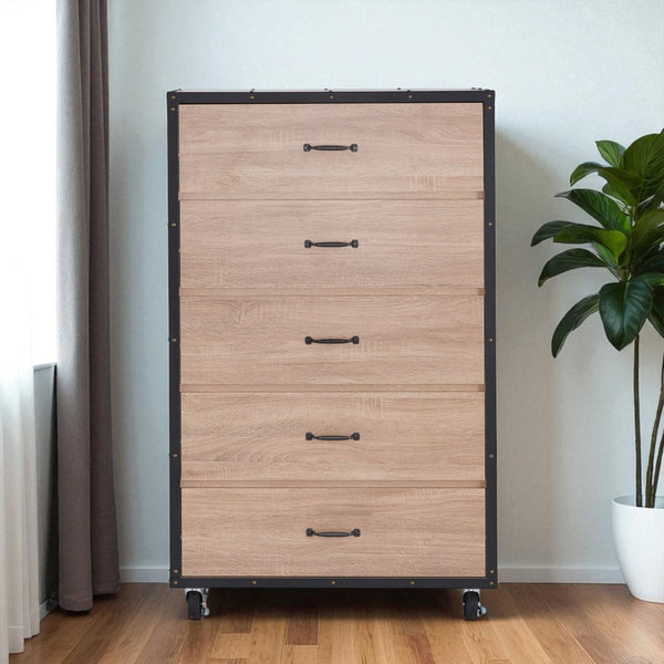 HomeRoots 31" Oak Wood Five Drawer Dresser - Modern Storage Solution with Warm Finish for Cozy Bedrooms 286658
