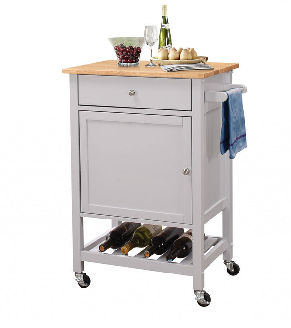 HomeRoots Gray 25" Rolling Kitchen Cart: Stylish Storage & Workspace with Natural Wood Countertop and Wheels 286670