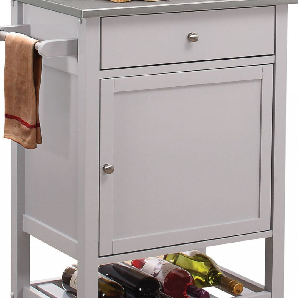 HomeRoots Gray Rolling Kitchen Cart – 25” Mobile Workstation with Storage, Wine Rack, and Stainless Steel Top 286671