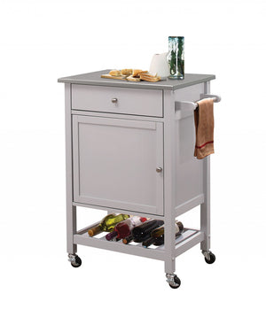 HomeRoots Gray Rolling Kitchen Cart – 25” Mobile Workstation with Storage, Wine Rack, and Stainless Steel Top 286671