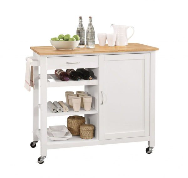 HomeRoots White Rolling Kitchen Island with Solid Wood Top, Storage Drawers & Locking Casters for Mobility 286675