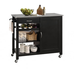 HomeRoots Black Rolling Kitchen Island - 42" Stylish Storage Solution with Modern Metal Accents & Mobility 286676