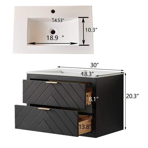 English Elm 30" Tiered Black Wall-Mounted Floating Vanity with Ceramic Sink, Center Storage Nook for Towels & Toiletries W1826P343434