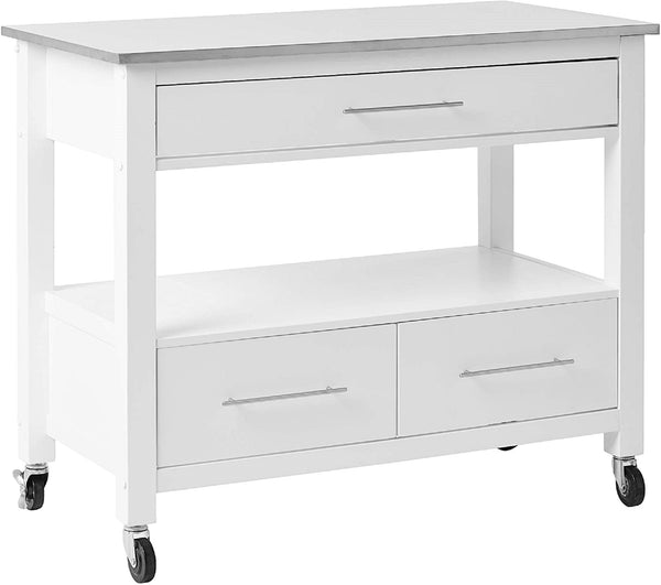 Homeroots White And Stainless Rolling Kitchen Island Or Bar Cart  Stainless Steel 286679