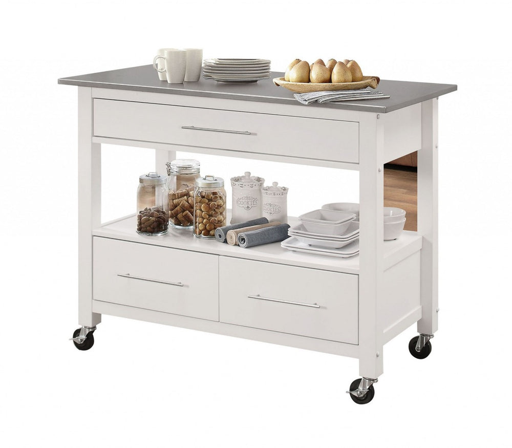 HomeRoots White Rolling Kitchen Island with Storage - Stylish, Durable Design for Efficient Meal Prep & Serving 43" 286679